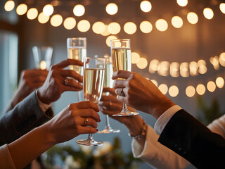 Champagne Toast at Celebration Party with String Lights and Silhouetted Hands