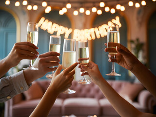 Champagne Toast at Celebration Party with String Lights and Silhouetted Hands