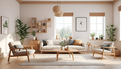 "Modern Japandi Style Living Room Interior with Sunny Scandinavian Lighting, Plaster Walls, and Wooden Accents – 3D Render Illustration Perfect for Minimalist Design and Home Inspiration"