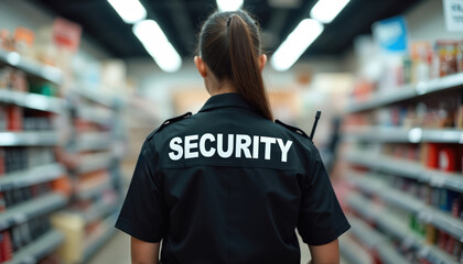 Female security officer stands in shopping center. Black uniform with SECURITY word on back. Retail store security job. Protection, safety. Guard at supermarket. Surveillance, patrol. Safety