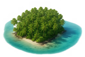 Lush tropical island rising from turquoise waters, verdant greenery blanketing pristine landscape with dense vegetation and crystal-clear surroundings