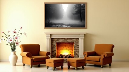 A cozy living room scene with a fireplace and armchairs.