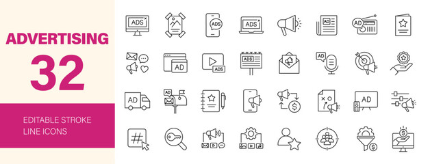 Advertising icon set. Containing marketing, promotion, SEO, announcement, branding, campaign, AD, billboard, banner, advertisement and more. Editable line icons. Vector illustration.