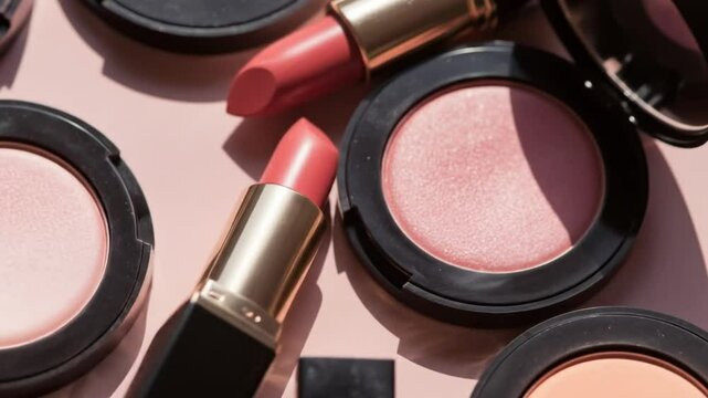 Close up video of various shades of pink blush and lipstick cosmetics on a pastel surface