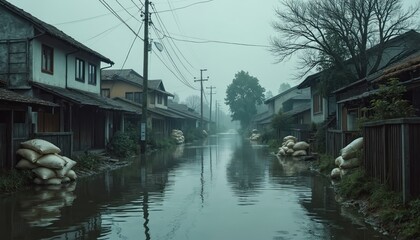 Village street flooded. Water rises between old houses. Sandbags protect the buildings. Consequences of heavy rains, climate change and natural disaster. Disaster, destruction, climate change effect.