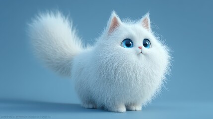 Fototapeta premium A fluffy white cat stands confidently with its bright blue eyes wide open. The soft blue background complements its fur, creating a charming, whimsical atmosphere