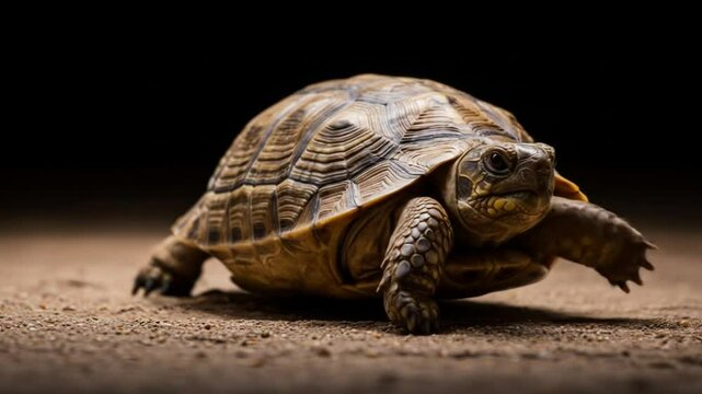 Slow and Steady: A solitary tortoise, its textured shell gleaming subtly, ambles across a desert landscape. A timeless symbol of patience and perseverance.
