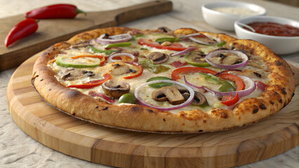 Savory Pizza Delight: A culinary masterpiece features a freshly baked pizza, adorned with vibrant vegetables, inviting textures, and the promise of deliciousness.