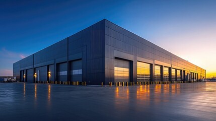 Modern industrial building at sunset reflecting in wet pavement showcasing sleek architecture design with large loading doors perfect for warehouse or distribution center stock photography