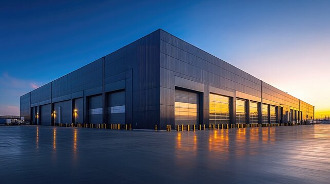 Modern industrial building at sunset reflecting in wet pavement showcasing sleek architecture design with large loading doors perfect for warehouse or distribution center stock photography - Powered by Adobe