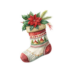 Christmas stocking, vintage watercolor illustration, festive holiday decoration, white knit sock