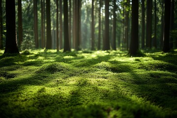 A serene and stunning forest features a floor completely covered in lush green moss