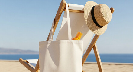 Blank White Canvas Tote Bag Wooden Beach Chair Straw Hat Sunscreen Sparkling Ocean Clear Sky Relaxed Summer Vacation Aesthetic Casual Branding Mockup Lifestyle