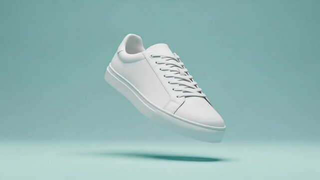 White minimalist sneakers floating and rotating against pastel background for product showcase