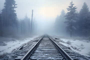 Fototapeta premium The train tracks disappear into a land of snow and fog.