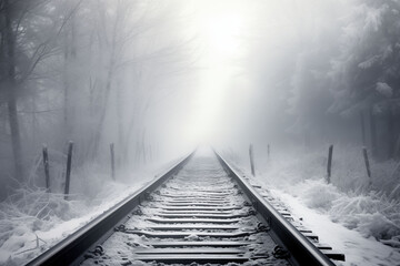 Fototapeta premium The train tracks disappear into a land of snow and fog.