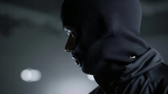 A man wearing a black ski mask in a dark room