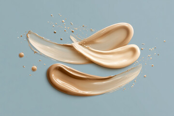 Three different shades of foundation are shown on a blue background. The shades are light brown, tan, and beige. Concept of variety and choice