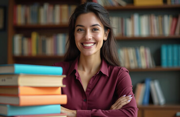 Portrait of a beautiful, smiling teacher. The woman stands near books, textbooks stack in classroom library. Education, teaching, learning, knowledge concept.