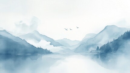 Minimalist watercolor landscape painting, soft gradient tones and dreamy ethereal atmosphere, Scandinavian style aesthetic, depicting tranquil mountains, lakes and forests natural scenery
