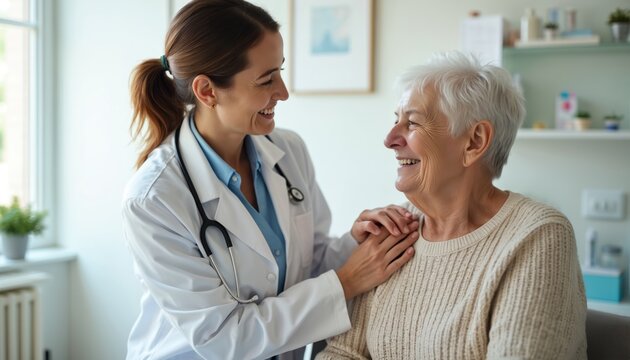Smiling doctor supports elderly patient in medical office. Pro physician provides assistance. Positive interaction, comfort, compassion, trust, communication between physician, senior patient.