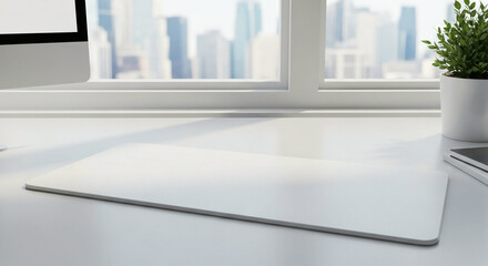 Minimalist Office Desk Blank White Rectangular Mouse Pad Custom Branding Computer Monitor Green Potted Plant Blurred Cityscape Urban Workspace Clean Productive Design