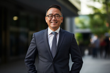 Fototapeta premium Portrait of smiling Asian businessman in suit and glasses.
