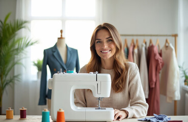 Smiling woman, fashion designer shares sewing skills online. Female blogger records video, teaching tailoring, dressmaking, handmade clothes, custom designs. Happy lady, workshop, sewing machine,