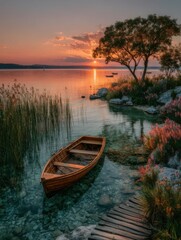 Obraz premium A small wooden boat rests gently on the shore of the lake, reflecting the warm hues of the sunset. Tall grasses sway in the breeze, completing the tranquil lakeside setting