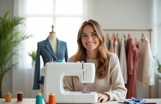 Smiling woman, fashion designer shares sewing skills online. Female blogger records video, teaching tailoring, dressmaking, handmade clothes, custom designs. Happy lady, workshop, sewing machine,