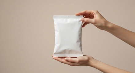 White blank product packaging mockup held by hands for branding and design presentation template 100g