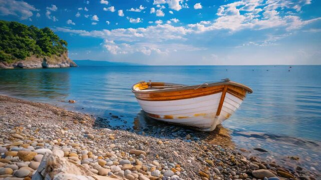Wooden boat on pebbled beach at ocean
