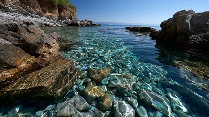 Serene turquoise bay dotted with stones