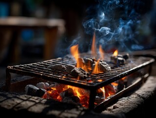 Sizzling charcoal grill with rising smoke
