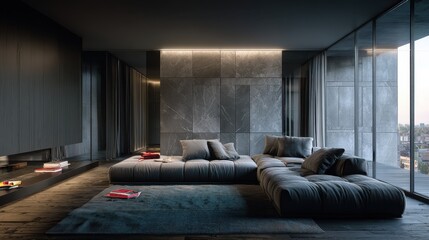 Modern style living room with warm textures, featuring a low-profile comfy sofa