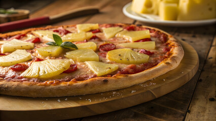 Delicious Pineapple Pizza: A close-up shot showcases a mouthwatering pizza with a golden crust, generously topped with juicy pineapple chunks, creating a delightful blend of sweet and savory flavors.