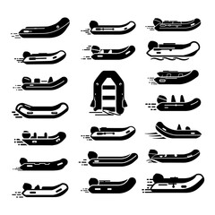 Naklejka premium Inflatable Boat and Whitewater Raft Silhouette Vector Icon Set