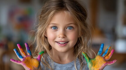 Smiling girl shows off her painted hands