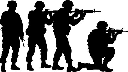Black silhouettes of five modern soldiers, each posed differently (e.g., crouching, advancing, aiming rifle), all wearing combat gear and helmets, depicted in a horizontal row on a white background, 2