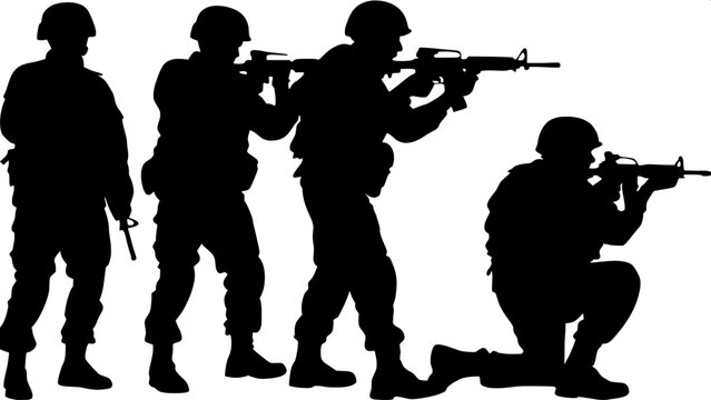 Black silhouettes of five modern soldiers, each posed differently (e.g., crouching, advancing, aiming rifle), all wearing combat gear and helmets, depicted in a horizontal row on a white background, 2