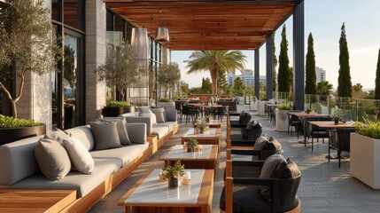 Outdoor terrace of a rooftop restaurant, decorated with potted plants and sleek seating