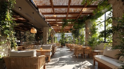 Outdoor terrace of a rooftop restaurant, decorated with potted plants and sleek seating