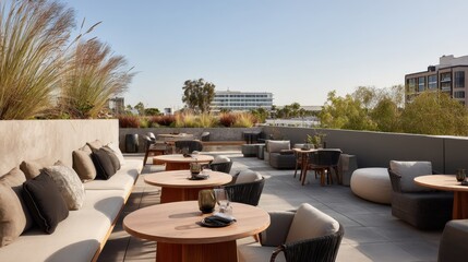 Peaceful rooftop caf with a gentle breeze, soft fabrics, and understated dcor
