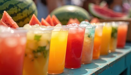 Summer drink stand at fair offers refreshing colorful melon-infused waters juices. Variety of beverages attract visitors. Watermelon slices, ice cubes in transparent cups on blue table. Refreshing