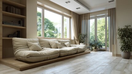 Relaxation-focused living room with ergonomic sofa and neutral palette for modern calm