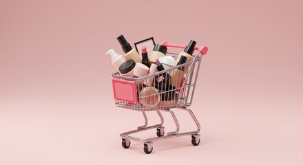 Beauty products shopping cart full of makeup skincare cosmetics on pink background for online shop