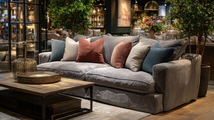 Relaxed seating with a classic fabric sofa and warm ambient lighting, perfect for family time