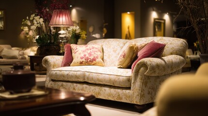 Relaxed seating with a classic fabric sofa and warm ambient lighting, perfect for family time