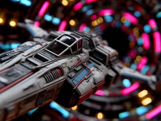 Spaceship journeys through colorful vortex tunnel