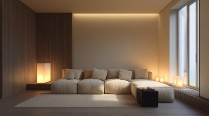 Relaxing living room layout with ergonomic sofa and well-placed lighting for calm ambiance